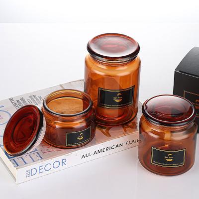 China Home Decor Amber Straight Sided Glass Candle Empty Vessels Scented Candle Jars With Sealed Glass Lid for sale