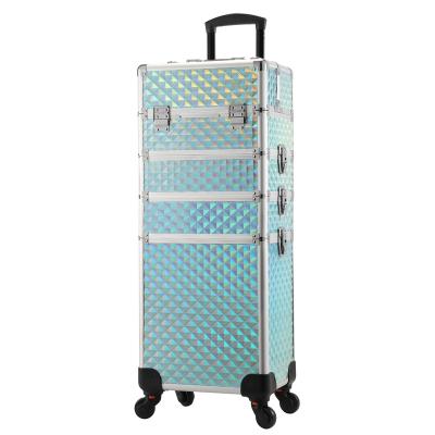 China Durable 4 in 1 Aluminum Rolling Makeup Train Case Trolley Professional Artist Beauty Storage Train Case for sale