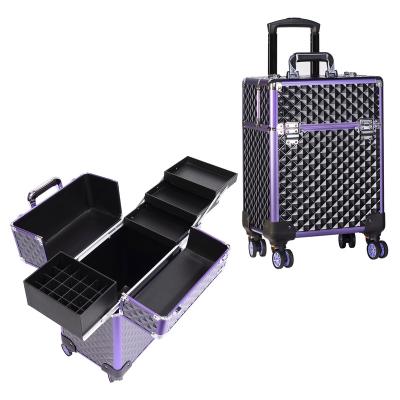 China Durable Telescopic Suitcase for Professional Makeup Trolley Beauty Make up Box Hard shell Rolling Makeup Case for sale