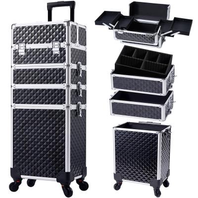 China Durable Professional Aluminum Makeup Train Case Organizer Interchangeable Cosmetic Makeup Case Rolling for sale