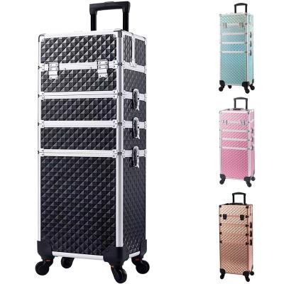 China Durable Professional Hair Stylist Travel Train RollingTrolley Beauty Case Aluminum Trolley Cosmetics Train Case for sale