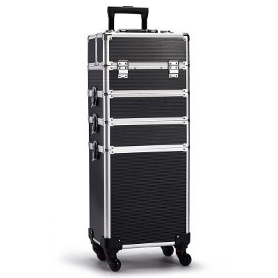 China Durable 4 in 1 professional makeup trolley case tall multi-functional high capacity rolling cosmetic case aluminum for makeup artist for sale