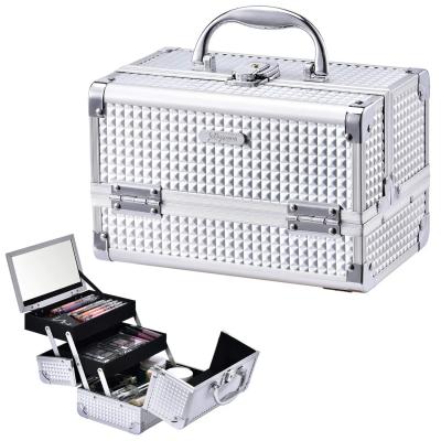 China Durable professional silver beauty cosmetic case with handle private label aluminum cosmetic storage box with mirror for sale