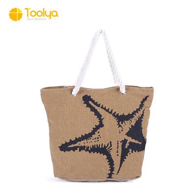 China Custom Made Custom Beach Bag Logo Printed Eco Friendly Canvas Beach Tote Bag Women Fashion Handbag With Rope Handle for sale