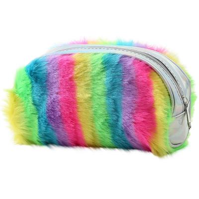 China Fashion Rainbow Plush Pencil Case Zipper Pen Bag School Storage Pouch Makeup Bag Cosmetic Coin Purse for sale