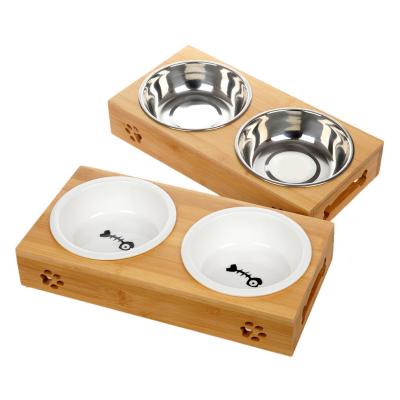 China Non-automatic Elevated Cat Dog Bowls With Wooden Stand With Double Bowls Raised Feeder For Pet for sale