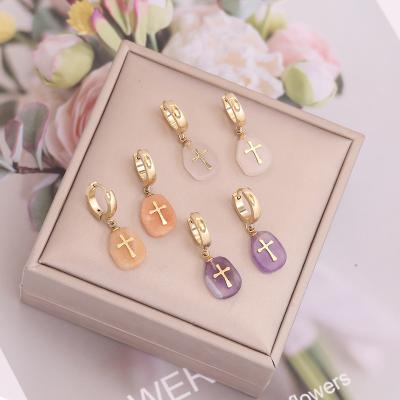 China New Design Environmental Friendly Trendy Purple Orange Natural Stone Cross Jewelry 18K Gold Plated Stainless Steel Drop Earrings For Women for sale