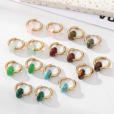 China Environmental Friendly Natural Stone Tiger Eye Turquoise Rose Quartz 18K Gold Plated Waterproof Stainless Steel Hoop Earrings For Women for sale