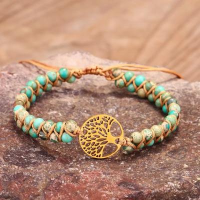 China Eco Friendly Handmade Yoga Tree of Life Braided Weave Natural African Stone Turquoise Jasper Adjustable Men Women Beads Beaded Wrap Bracelets for sale