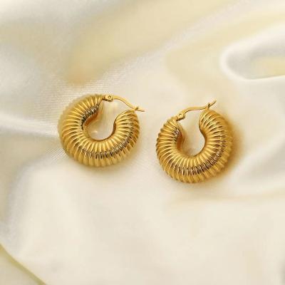 China New Design Vintage Environmental Friendly High Polished 18k Gold Plated Waterproof Screw Twisted Stainless Steel Chunky Hoop Earrings For Women Smooth for sale