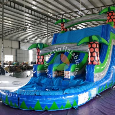 China Kids and adults blue color commercial grade plam tree double waterproof inflatable waterslide for party rental for sale