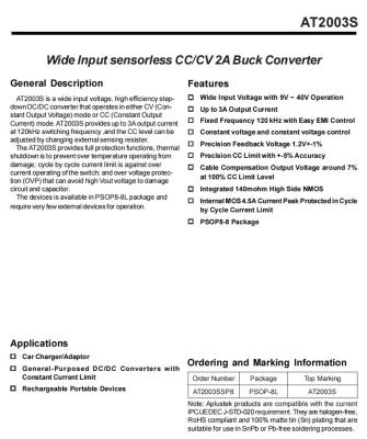 China / Wide Input sensorless CC/CV 2A Buck Converter  ATKIC  AT2003S for sale