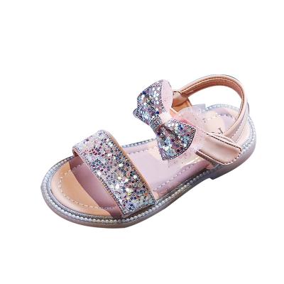 China Summer Sale Cute Butterfly Beige Pink Black Cute Breathable Hot Glitter Flat PU Children Leather Sandals for sale