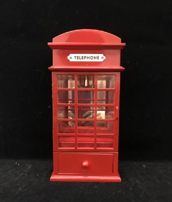 China Roll Up Vintage Jewelry Storage Box Cogs Red Plastic Telephone Booth Music Box for sale