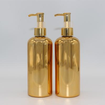 China 500ml Empty Gold Cosmetic Custom Bottle For Body Lotion Shampoo Shower Gel Cosmetic Packaging PET UV Plated Bottle for sale