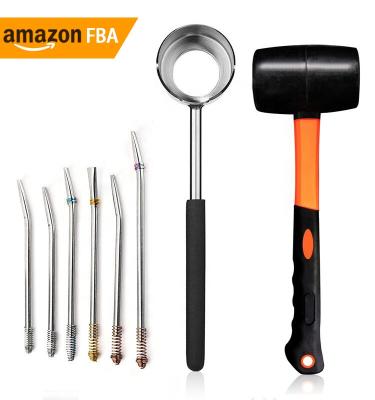 China 2021 Sustainable Amazon Kitchen Instrument Coconut Opener Set Coconut Opener With Hammer And Spring Straw for sale