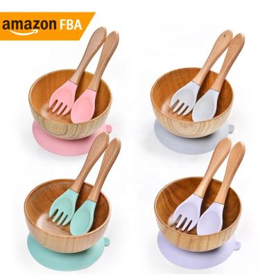 China BPA Free 2021 NEW PRODUCT AMAZONE Baby Feeding Suction Wooden Bowl Set With Silicone Spoon Fork for sale