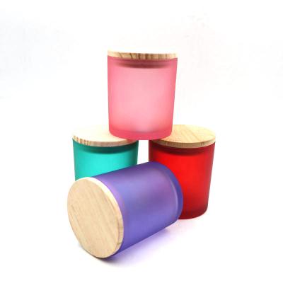 China Viable wholesale colorful frosted wood empty wide candle glass jar container mouth cover volume with high quality wood cover for sale