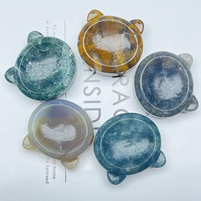 China Wholesale Europe Natural Decoration Moss Agate Cat Bowl Healing Moss Kitty Agate Ashtray Craved Kitty Moss Agate Ashtray Craft For for sale