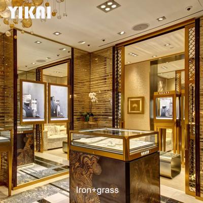 China Luxurious Jewelry Shop Interior Decor Design Jewelry Store Fixtures Glass Metal Glass Display Cabinet Display Showcase for sale