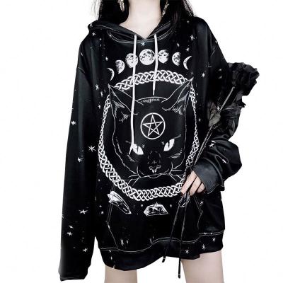 China New Plus Size Autumn/Winter Women's Street Style Gothic Cat Print Sleeve Black Loose Hoodie for sale