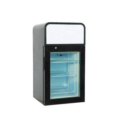 China Single-temperature 60L Factory Mini Vertical Ice Cream Small Countertop Commercial Display Freezer with Curve Light Box for sale