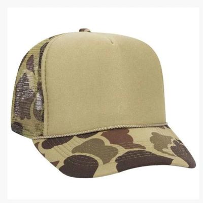 China Fashion High Quality Plain Baseball 5 Panel Front Rope Custom Mesh Foam Trucker Hat Blank Camo Trucker Hats for sale