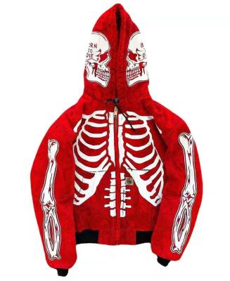 China Anti-wrinkle High Quality Cotton Custom Logo Crop Top Red Skeleton Hoodie Unisex Skull Full Zip Up Hoodie Men for sale