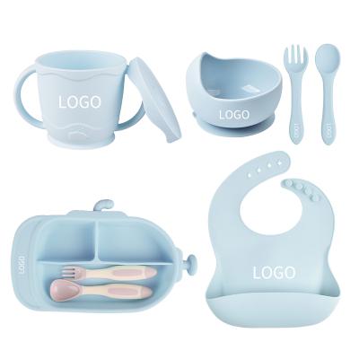 China BPA Free Silicone Lohas Food Feeding Tray Dishes Custom Baby Dishes 8 Sets Silicone Include Cup Bib Dish Bowl Fork Spoon for sale