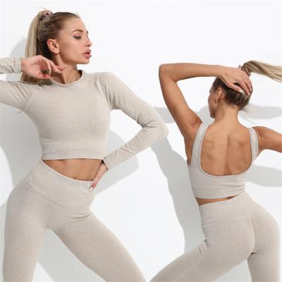 China 2021 Breathable Fitness Clothing Nudity 3 Way Crop Gym Suit Top Seamless 3 Piece Yoga Set Women for sale