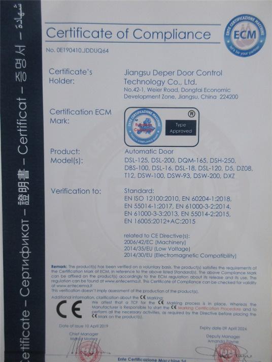 CE - Jiangsu Deper Door Control Technology Co., Ltd.