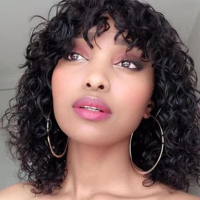 China Cheap Machine Made Brazilian Pixie Cut Wigs Short Curly Hair Wig 100% Curly Wave Brazilian Wave Non Lace Wigs With Bangs For Women for sale