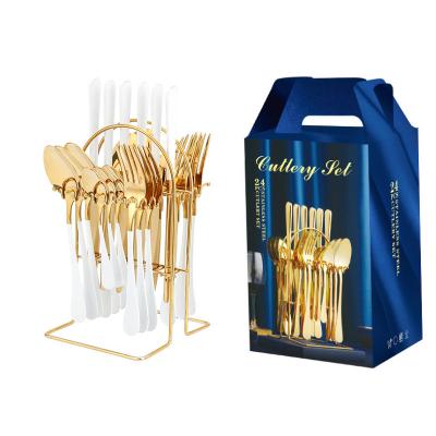 China Sustainable Luxury 24 Pieces Cutlery Set Gold Plated Flatware With Gift Box Stainless Steel Fork Knife Spoon Cutlery Metal Dinnerware Set for sale