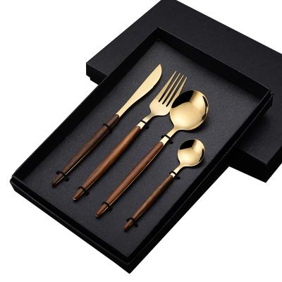 China Viable Wooden Flange Handle With Gold Stainless Steel Cutlery Knife Fork ChopsticksSpoon Flatware Set for sale