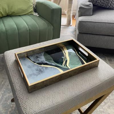 China Amazing and luxurious luxury glass tray with green print abstract and bronzing gold decorative luxury marble serving tray for sale