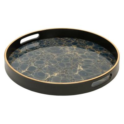 China Amazing Hotel Home Restaurant With Onyx Abstract Pattern High Quality Luxury Round Glass Serving Tray Printed Glass Decor for sale