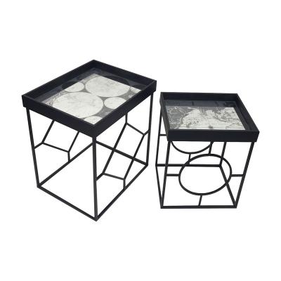 China Customized American Artistic Glass Furniture Black Home Living Room Metal Coffee Table Printing Breath Iron Mirrored Sofa Tray Table for sale