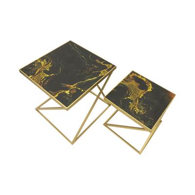 China Customized End Table Printing Glass Nesting Side Tables Line Modern Accent Side Set Luxury Gold Style Cafe Metal Living Room Furniture for sale