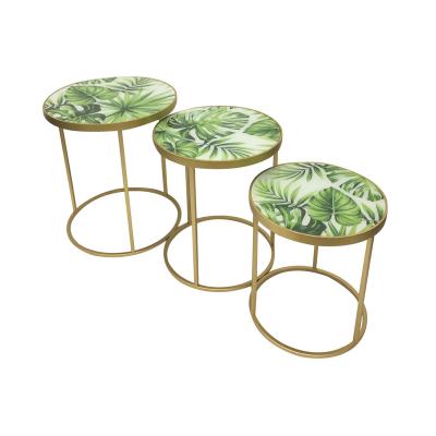 China Customized Round Modern Glass Metal Side Leaf Table Factory Printing Accent Tables For Spaces Living Room Decor for sale