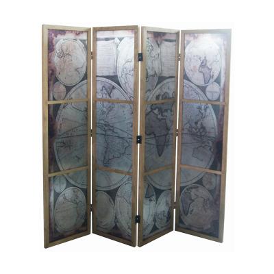 China Contemporary Luxury Fir Wood Frame Mirrored 4 Panel Movable Glass Screen Divider For Room Aluminum Foil World Map Room Divider for sale