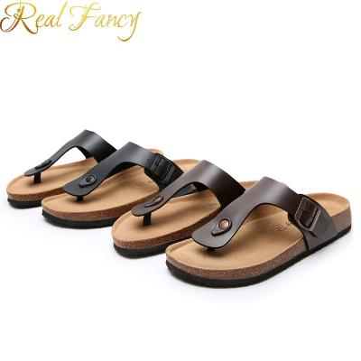 China Latest Design Color Men Soft Flip Flop Sandal Genuine Leather Waterproof Insole Cork Sole Sandal for sale