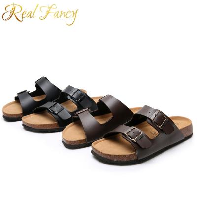 China New Design Trend Fashion Beach Slipper Black Slides Sandals Flat Cork Sandals Unisex PU Leather Double Strap for sale