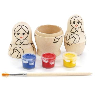 China Eco-Freindly DIY White Russia Wooden Nesting Dolls With Paints And Brush Craft Matryoshka Babushka Traditional Doll for sale