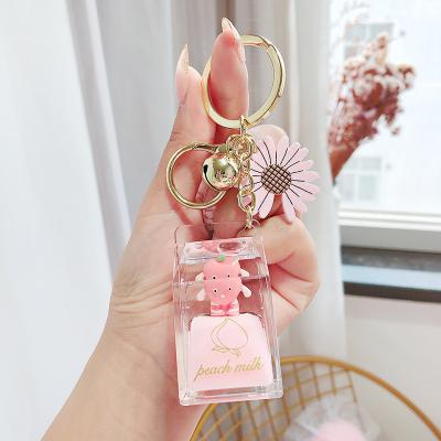 China Advertising Cute Gift No Minimum Daisy Liquid Keychain Acrylic Milk Tea Liquid Key Chain Moving Liquid Key Chain for sale