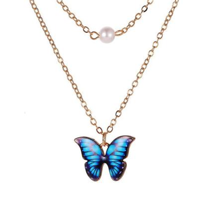 China Trendy Fashionable Pearl Butterfly Double-Layer Color Clavicle Stainless Steel Pendant Elegant Necklace for sale