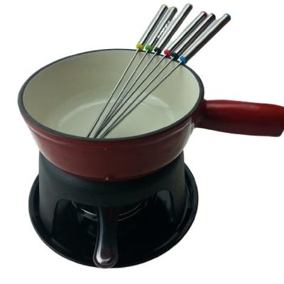 China Color Enamel Coating Hot Stocked Cast Iron Cheese Pot , Cast Iron Fondue Pot Set for sale