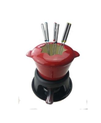 China Stocked Red Enamel Cast Iron Fondue Set With 6 Forks, Cast Iron Cheese Pot for sale