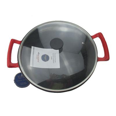 China Round Shape Color Enamel Cast Iron Stocked Wok With Two Handles for sale