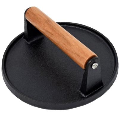 China Sustainable 7-Inch Round Cast Bacon Press With Wooden Handle for sale