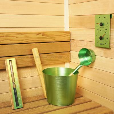 China Modern Sauna Accessories Manufacturer Deluxe Green Color Aluminum Bucket And Spoon Set For Sale for sale